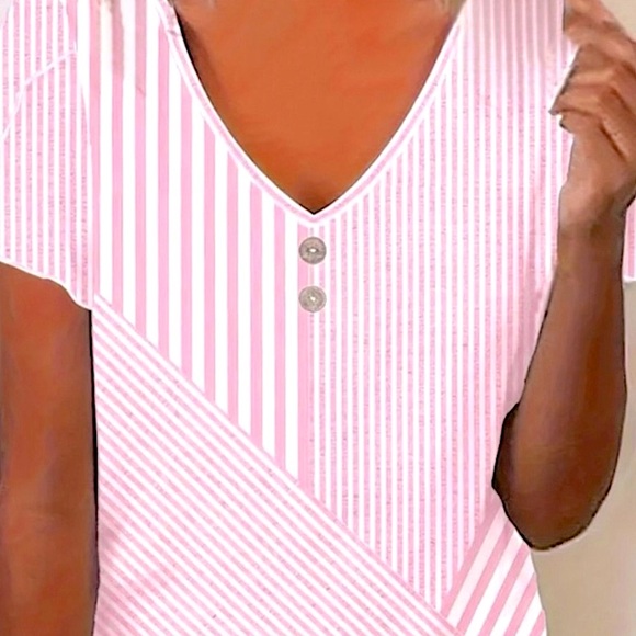 Pink Striped V-Neck Button Tee Sz.L - Picture 1 of 5